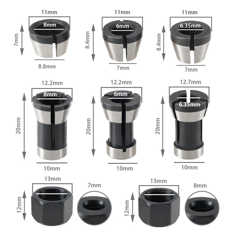 Set with 8Pcs Router Bit Collet Chuck with Screw Nuts