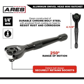 ARES 42109 – Black 1/4-Inch Drive 90-Tooth Mini Swivel Head Ratchet - 250 Degree Swivel with Detent Ball for Socket Retention – 4 Degree Sweep for Tight Spaces