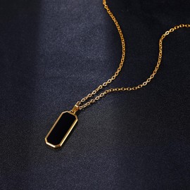 TRUMIUM Black Necklace for Mens Womens Rectangle Onyx Pendant Necklaces 18k Gold Plated Stainless Steel Cuban Curb Chain 23inches with 2" Chain Extenders