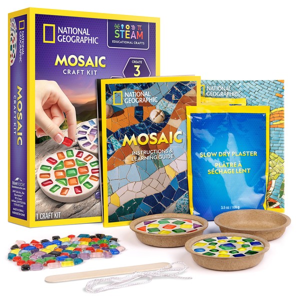 NATIONAL GEOGRAPHIC Mosaic Arts and Crafts Kit for Kids - Mosaic Kit for Creating 3 Mosaic Art Projects, Includes Glass Tiles, Templates, Plaster & More, Art Supplies