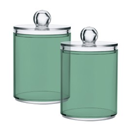 Sage Green Qtip Dispenser Apothecary Jars Bathroom Qtip Holder Storage Canister 10 Oz Plastic Jar for Cotton Ball Swab Round Pads Floss 2pcs