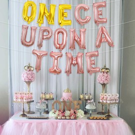 Wonmelody Onece Upon A Time Birthday Decorations with Onece Upon A Time Birthday Banner Crown Balloons Princess 1st Birthday Decorations Pink Gold for Girl Fairytale Princess 1st Birthday Party