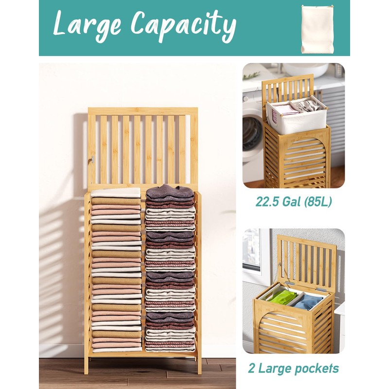Laundry Hamper, 22.5 Gallon (85L) Bamboo Wood Clothes Laundry Basket