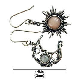 Boho Opal Sun and Moon Drop Dangle Earrings Moonstone Natural Stone Hook Bohemian for Women Asymmetrical Antiqued Silver Celestial Jewelry-A