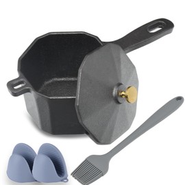 Aurionix Cast Iron Sauce Pot with Lid, Premium Small Cast Iron Melting Pot & Silicone Basting Brush, Castiron Sauce Pan for Grilling, Camping Cookware, Stoves, Mini Pans for BBQ Braising Grill Oven