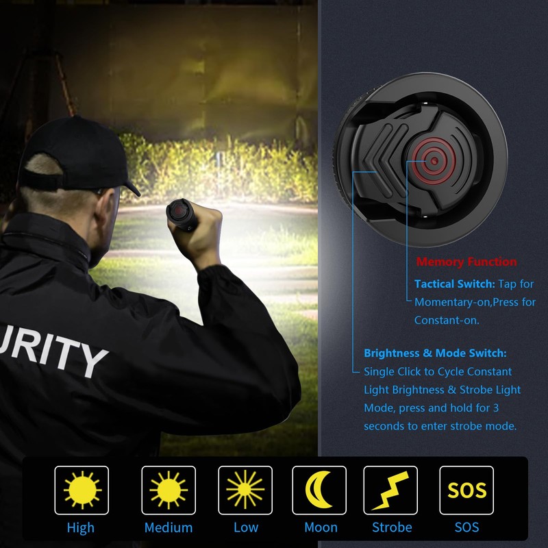 Zoomable Tactical Flashlight High Lumens-5000LM, 6 Modes,Dual Switches,Window Glass Breaker,10