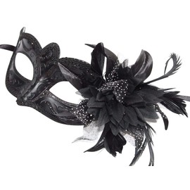 STUNNING BLACK FLOWER WITH LONG FEATHERS MIDNIGHT BLACK VENETIAN MASQUERADE CARNIVAL PARTY EYE MASK