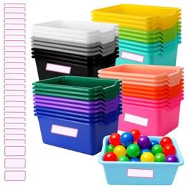 ToiULik 24 Pack Plastic Cubby Bins, Stackable Storage Bins with Adhesive Label Toy Book Organizer Baskets for Classroom, Library, Playroom, Home & Office Organization (Twelve Colors)