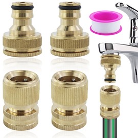 2 Pairs 1/2 Inch & 3/4 Inch 2-in-1 Garden Hose Quick Connector Brass Quick Hose End Connector Garden Hose Nozzle Connect Kit for Kitchen Garden Outdoor Hose Pipe Tool