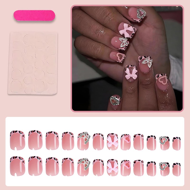 24Pcs Leopard French Tip Press on Nails Short Square Fake