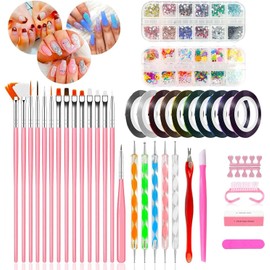 60pcs Pinceles para Pintar Uñas, Kit de Accesorios Decoración Uñas Nail Art Kit de Manicura Diseño con 15 Brochas de Uñas,Accesorios Decoración para DIY Uñas,Copos de Hoja de Oro,5 Lápiz de Punto,10 Cintas Adhesivas Uñas y Diamantes de Imitación