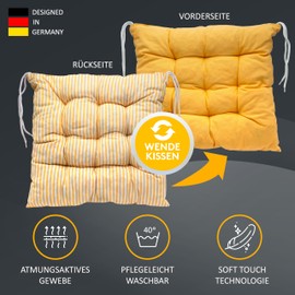 LILENO HOME Set of 2 Reversible Chair Cushions, Yellow, 40 x 40 x 6 cm, Striped Seat Cushions for Garden Chairs, Kitchen or Dining Room Chairs, Indoor and Outdoor Chair Cushions as Chair Cushions