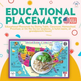 Tot Talk North America Map Kids Placemat Educational Placemat Reusable Washable Double-Sided Learning Made in USA