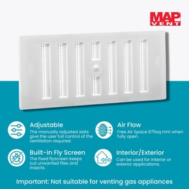 Map Adjustable Air Vent With Flyscreen Cover, 6" x 3" (152mm x 76mm), Hit & Miss Ventilation Cover, White