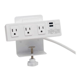 Tripp Lite Surge Protector Power Strip 3-Outlet with 2-Port USB Charging Ports, Desk Clamp, White 510 Joules (TLP310USBCW)