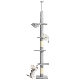ABCPET Floor to Ceiling Cat Tree,5 Tiers Tall Cat Tree with Adjustable Height(95-110),Cat Tower with Cozy Hammock,Sisal Scratching Posts,Platforms,and Hanging Balls for Indoor Cats,Light Grey