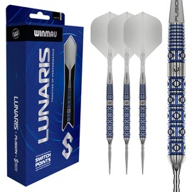 WINMAU Darts – Lunaris 90% Tungsten Darts Set | Fusion Clear Short Shaft | Groove & Smooth Switch Point | Parallel 23 g/25 g, Tapered 22 g/24 g Blue & Silver Barrels | Rapid-Change System