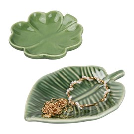 Granvoo Pack of 2 Leaf Jewellery Tray, Ceramic Ring Bowl, Decorative Ring Bowl Holder, 2 Styles, Green Small Jewellery Plate, Jewellery Tray, Leaf Jewellery Tray for Rings, Earrings, Necklaces, Keys
