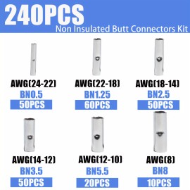 Unbranded Non Insulated Butt Connectors Kit 240pcs Butt Wiring Pure Copper AWG24-8 Wire