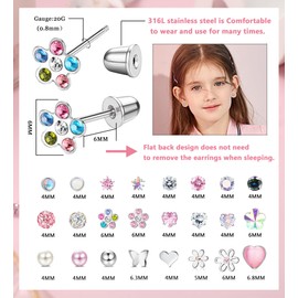 Kakonia 24 Pairs Hypoallergenic Screw Back Earrings For Women Girls Surgical Steel Cute CZ Heart Flower Pearl Ball 4mm Tiny Flat Back Screwback Stud Earring Set