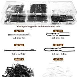 CAABISO 400PCS Hair Pins Bobby Pins Kit, 100 U Shaped & 100 Bobby Pins, 100 Clear Elastics Hair Ties 100 Black Hair Elastics Accessories for Women, 2.4 Inch and 2 Inch, Black