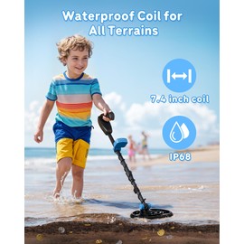 Metal Detector for Kids, Waterproof Kids Metal Detector, 7.4 Inch Search Coil with LCD Dispaly, 24 Inch to 35 Inch Adjustable Stem Buzzer, Vibration Sound, 2 Pounds Lightweight Easy to Use