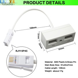 LRMYS One BT Plug to Two BT Sockets Splitter, UK Telephone RJ11 Male Plug to Double Female Socket Extender, for UK Landline Telephone FAX Modem Cable Adapter and Converter, White 1 Pack