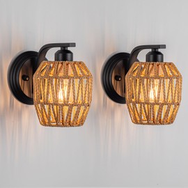 Zswanbei Boho Rattan Wall Sconces Set of Two Bedside Wall Lamp Hardwired Hand-Woven Farmhouse Wall Sconce Indoor Wall Lights for Bedroom Bathroom Living Room, E26