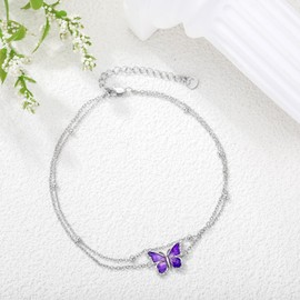 LWXIE Diamond Butterfly Anklet for Women 925 Sterling Silver Purple Butterfly Layered Anklets with Lab Grown Diamonds Jewelry Gifts for Mom Wife Girlfriend Daughter Sister Friend