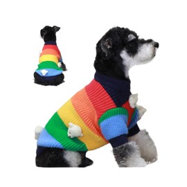 LUVMOJO Cozy Rainbow Dog Sweater with Cute Plush Polar Bear Decorations – Warm Winter Knitwear for Small and Medium Dogs – Stylish and Colorful Pet Clothing for Cold Weather (Striped, X-Large)