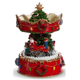 RAZ Imports Animated Santa Train Carousel Musical, 10-Inch, Red and Green, Lighted Christmas Decoration with Music and Rotating Train