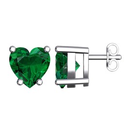 Solid Sterling Silver 5mm Heart Shaped Natural 0.9 CT Green Emerald Stud Earrings, High Polished Green Emerald Earrings with Push Backs