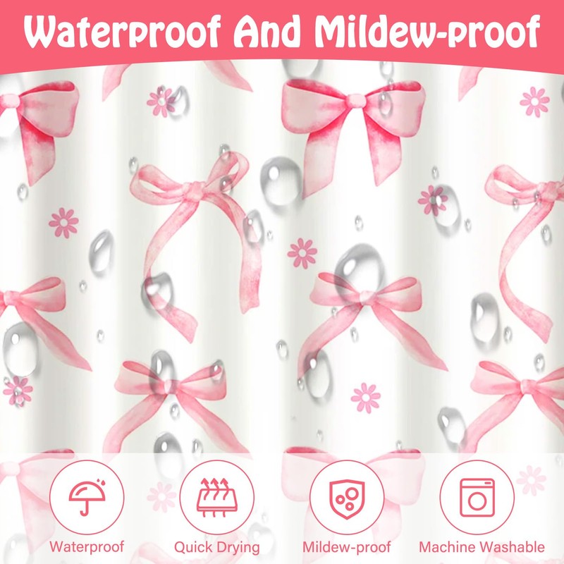 Pink Shower Curtain, Cute Shower Curtain with Flirty Pink Bow