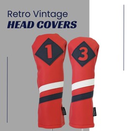 Majek Retro Golf Headcovers Red with White and Blue Stripe Vintage Leather Style 1 & 3 Driver and Fairway Head Cover Fits 460cc Drivers Classic Look