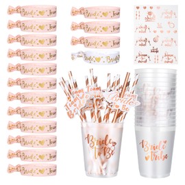 16 Piece JGA Cup Accessory Set for Women Rose Gold Bride Tribe Plastic Cups Cups Drinking Cups with Straw, Team Bride Bride Bracelets Bride To Be Tattoo Decoration for Stag Night Party