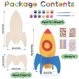Spetsbst 12 x Rocket Wooden Craft Set, Craft Set Rocket for Painting, DIY Space Wooden Craft Sets for Children's Birthday, Creative Gift for Girls Boys 4 5 6 7 8 9 Years
