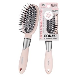 Conair Velvet Touch oval cushion hair brush - Travel Hairbrush- Detangling - curly or straight styles - detangler brushes - women or men - Blush Pink