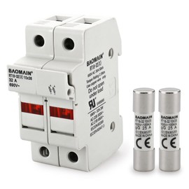 Baomain Cylindrical Fuse Holder RT18-32(X) 10mm X 38mm Fuse Base 2 Poles DIN Rail Mount with 10 PCS of RO15 Fuse (25 Amp) CE Listed