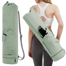 Bolsa para Esterilla de Yoga, Impermeable Bolsa para Tapete, Correa Ajustable Mochila con Cordón, Deporte Mat Bag de Gimnasio Multiusos con 2 Bolsillos de Almacenamiento, Verde
