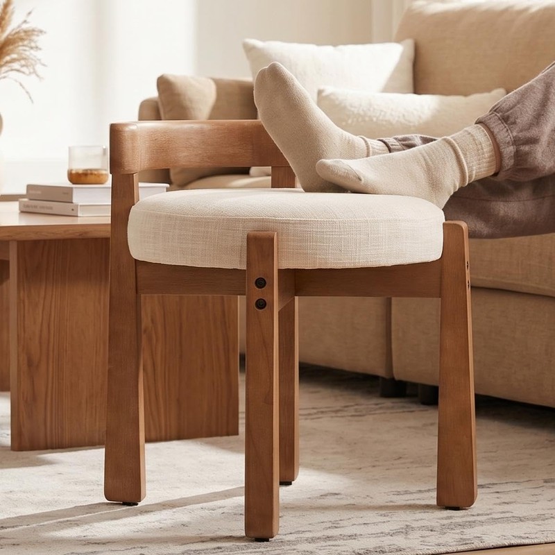 HNY Modern Linen Ottoman- Low-Back Makeup Seat & Lounge Footrest