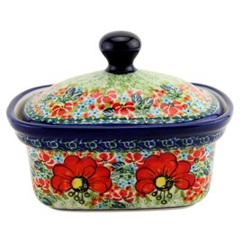 Polish Pottery Market Butter Tub with Lid from Zaklady Boleslawiec, 5.75" L x 4" W x 4" H, Capacity: 14 Oz. - Perfect To Keep Your Butter Soft