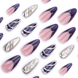 24 Pcs Press on Nails Short Almond Nail Tips,YEFIUO Fake Nails Press ons Purple French Glue on Nails Acrylic Nail Art Kit Full Cover False Nails with Silver Chrome Glitter Design for Women Beginners
