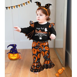 CRISONE Hallo Ween Outfits for Baby Girls Infant Hallo Ween 6-9 Months My First Hallo Ween Baby Girl Outfit Bat Ruffle Romper Tops + Pumpkin Flared Pants Hallo Ween Baby Clothes