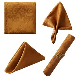 Brown Jacquard Square Napkin, 20x20 Inche Damask Wrinkle Resistant Soft Polyester Napkins, Fabric Cloth Dinner Napkins for Wedding, Winter, Holiday, Xmas, Parties, Set of 4 (Brown)