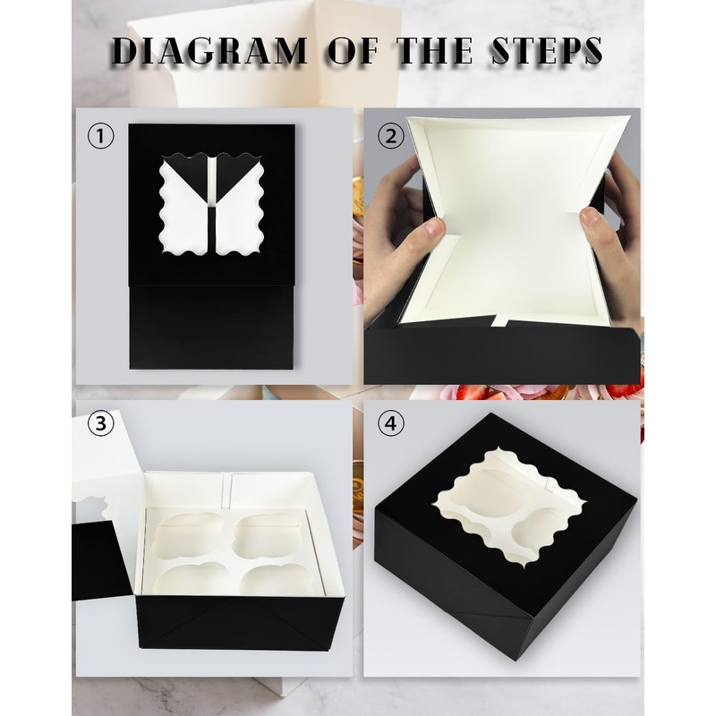 Gcardist Automatic Popup 4 Cupcake Boxes with Window Black Pack
