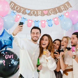 Trandraft 2 Pcs Gender Reveal Party Decorations Pre-Strung Boy or Girl Burlap Baby Shower Banner and Bodysuits Clothesline Garland Baby Outfit for Gender Reveal Birthday Baby Shower Party Decorations