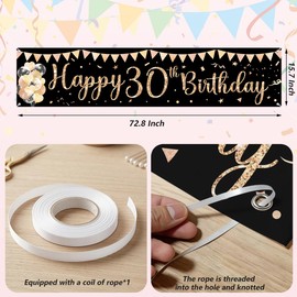 Happy 30th Birthday Banner Sign Black Gold Glitter 30 Years Old Birthday Party Home Yard Decorations Banners Supplies Celebration Backdrop for Men Women Mother Father Firend 72.8x15.7 Inches