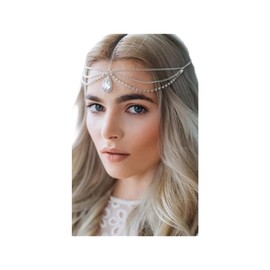 Anglacesmade Bohemian Head Chain Crystal Teardrop Forehead Chain Rhinestone Headpiece Wedding Prom Party Festival Hair Jewelry for Women and Girls (Gold)