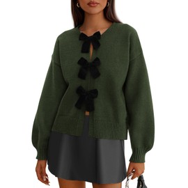 PRETTYGARDEN Cardigan Sweaters for Women 2025 Fall Bow Tie Front Long Sleeve Knit Sweater Tops Cute Going Out Outfits (Army Green,X-Large)