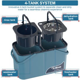 Gen 1 Large-Capacity Spin Mop and Bucket – for Big Homes & Deep Cleaning Days,4-Chamber System Separates Dirty & Clean Water, 2-GAL Heavy-Duty Design with Wheels & 10 Refill Mop Heads - Blue/Grey